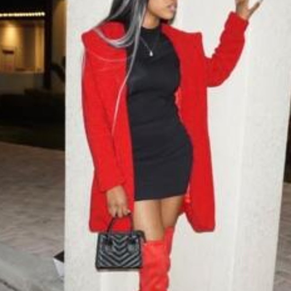 Red Faux fur teddy pea coat contemporary - Picture 7 of 10